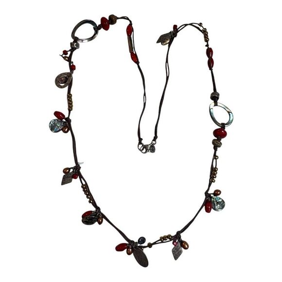 Silpada Mixed Material Necklace Sterling Abalone Imit Pearls Dk Red & Wood Beads - Picture 7 of 9